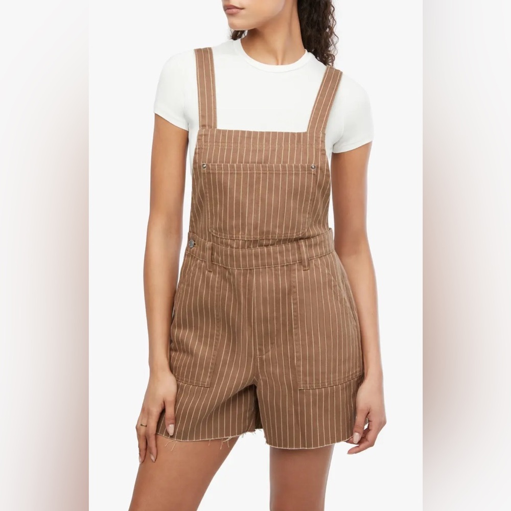 We Wore What Shorts Bib Overalls Brown Pinstripe Cotton W/ Side Slit